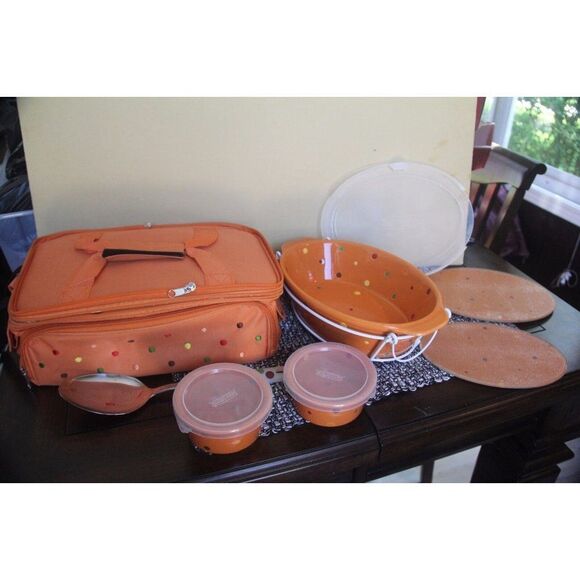 temp-tations ovenware plate set/7 spoon/bowl/casserole insulated polka tara